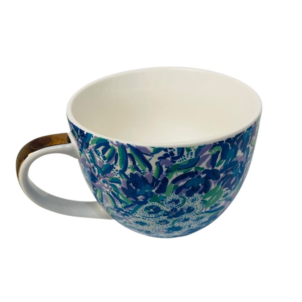 Lilly Pulitzer Ceramic‎ Coffee Mug Floral  12 Oz Blue Green Gold Handle Accent 3